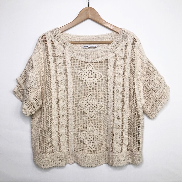 Zara cream open knit crocheted, short sleeve top - Picture 13 of 13